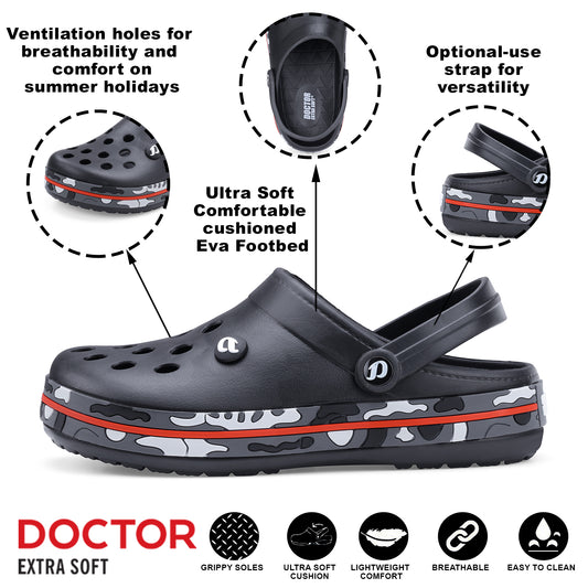 DOCTOR EXTRA SOFT D-520 Men's Classic Camouflage Casual Clogs/Sandals with Adjustable Back Strap for Adult| Comfortable & LightWeight | Stylish & Anti-Skid |Waterproof & Everyday Use Mules Gents & Boys