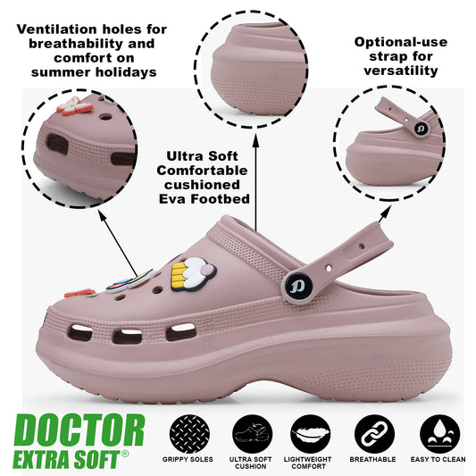 DOCTOR EXTRA SOFT D-538 Women's Premium Extra Comfortable Clogs/Sandals with Cute Charms & Adjustable Back Strap for Adult| Lightweight Stylish & Anti-Skid| Waterproof Everyday Use Mules Girls/Ladies