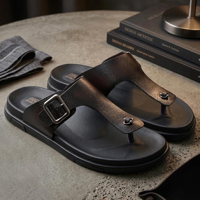 DOCTOR EXTRA SOFT Men's Classic Casual Original Leather Thong Black/Brown Sandals/Chappals with Memory Foam Cushion| Stylish & Non-Slip|Comfortable & Lightweight |Flip flops Slippers Gents & Boys F-12