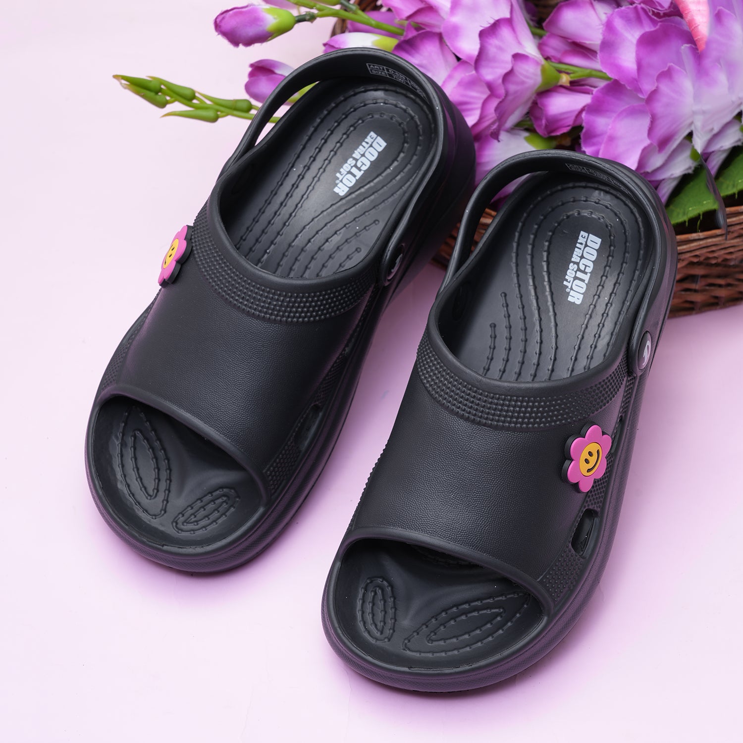 DOCTOR EXTRA SOFT Women's Classic Smiley Charm Clogs/Sandals with Adjustable Back Strap for Adult| Comfortable & Lightweight | Stylish & Anti-Skid| Casual Waterproof Everyday Mules Girls Ladies D-539