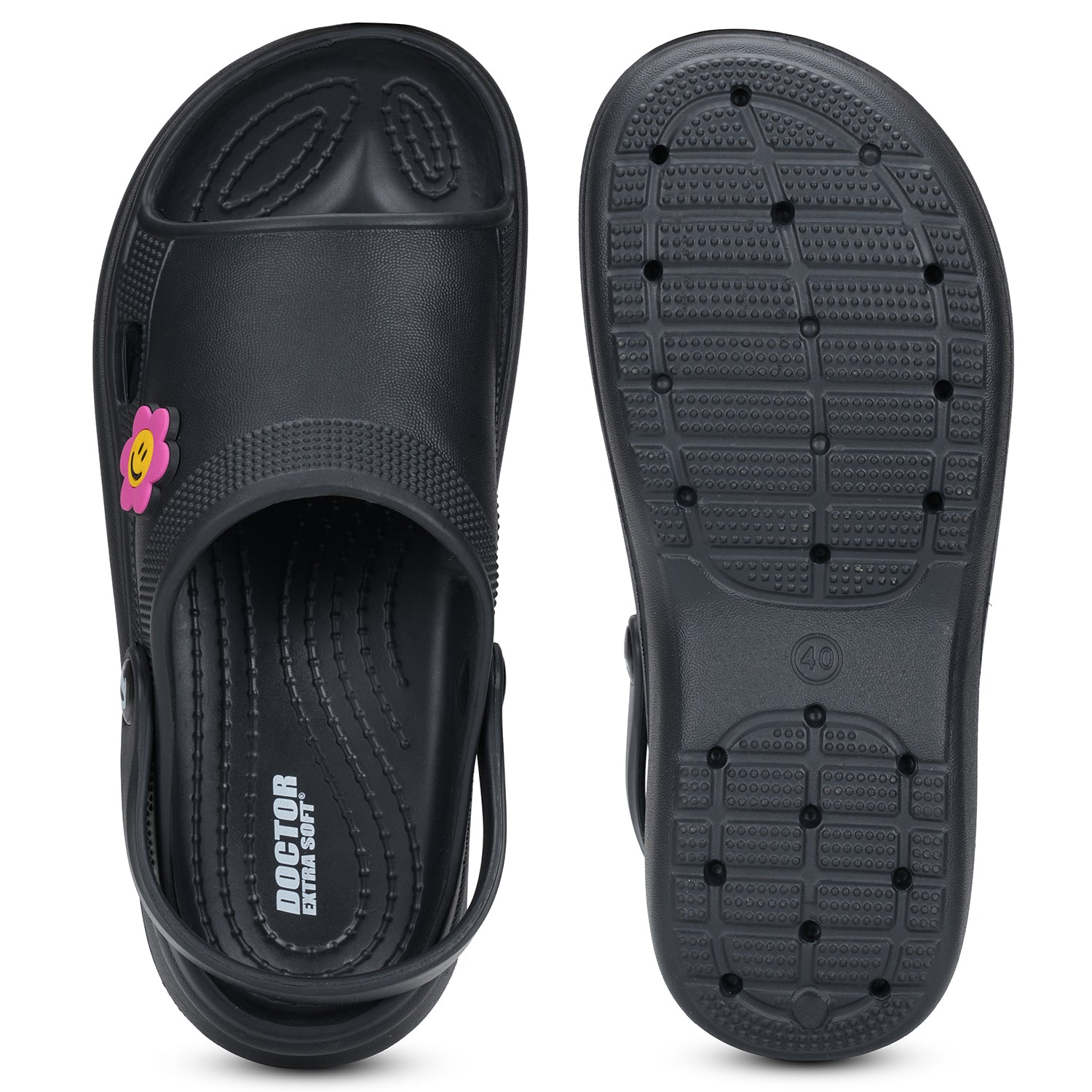DOCTOR EXTRA SOFT Women's Classic Smiley Charm Clogs/Sandals with Adjustable Back Strap for Adult| Comfortable & Lightweight | Stylish & Anti-Skid| Casual Waterproof Everyday Mules Girls Ladies D-539