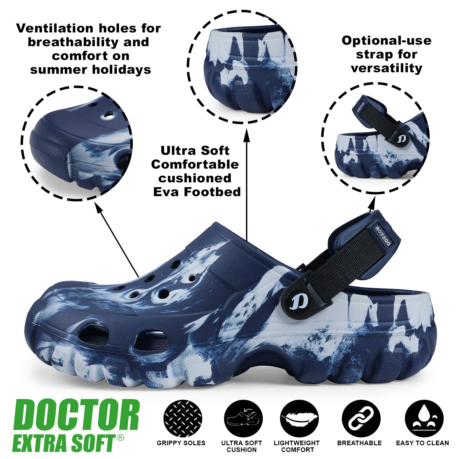 DOCTOR EXTRA SOFT D-550 Men's Classic Camo Casual Sports Clogs/Sandals with Adjustable Back Strap for Adult| Comfortable & Lightweight| Stylish & Anti-Skid| Waterproof & Everyday Use Mules Gents Boys