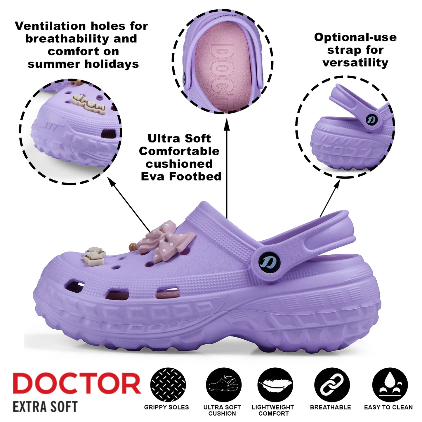 DOCTOR EXTRA SOFT D-522 Women's Ultrasoft Charms Clogs/Sandals with Adjustable Back Strap for Adult| Comfortable & Light Weight | Stylish & Anti-Skid |Waterproof & Everyday Use Mules for Girls/Ladies