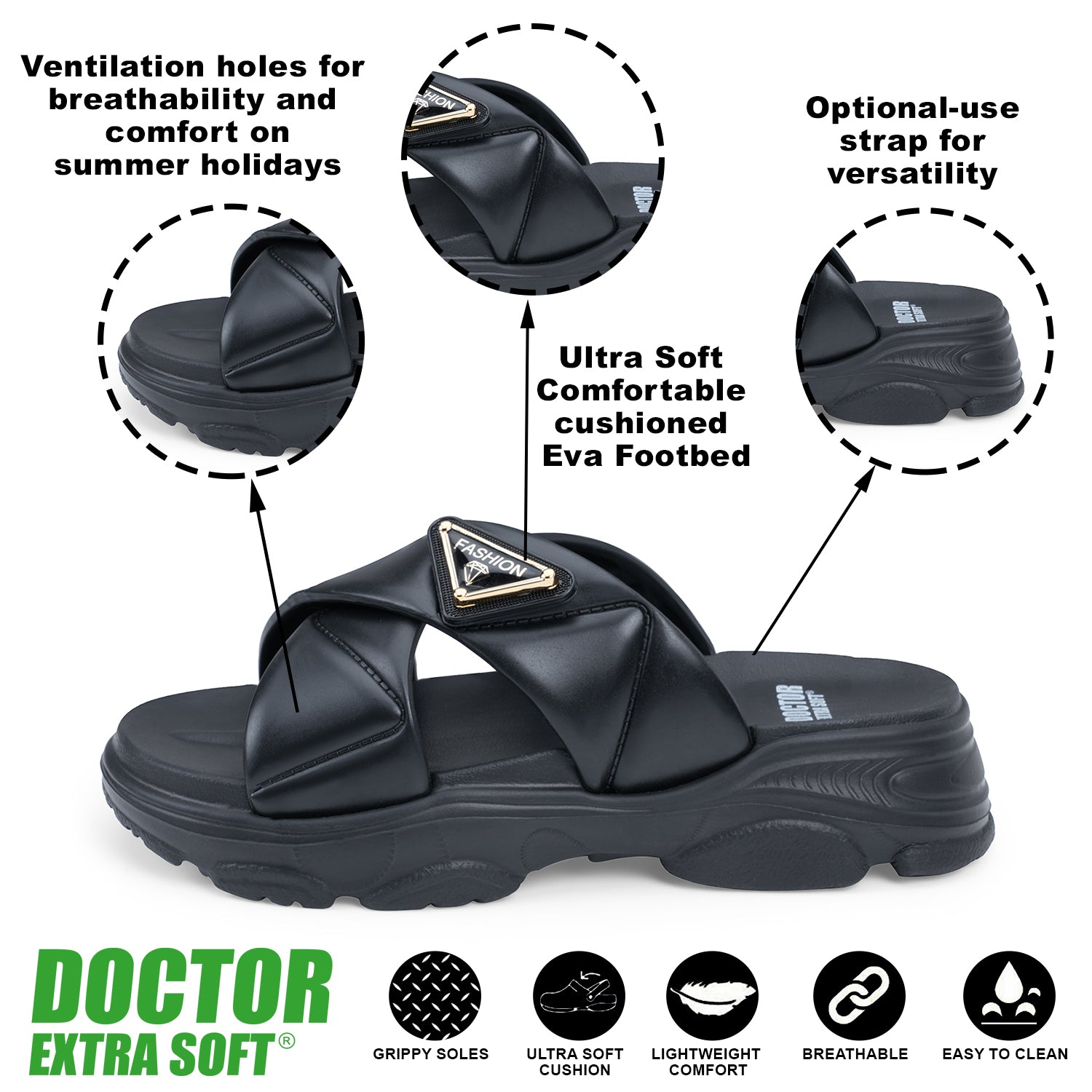 DOCTOR EXTRA SOFT Women's Fashionable Buckle Sliders/Slippers with Cushion FootBed for Adult | Comfortable & Light Weight| Stylish & Anti-Skid| Waterproof & Everyday Flip Flops for Ladies Girls D-521