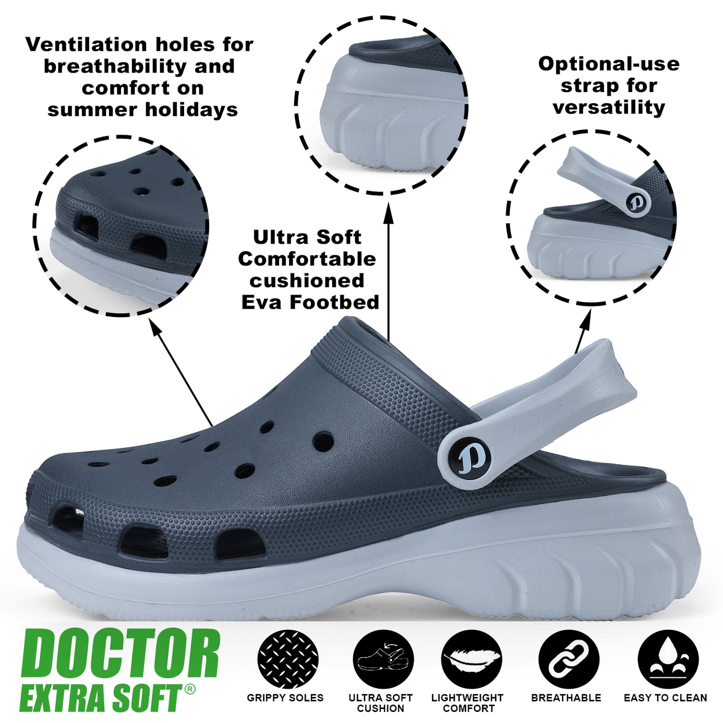 DOCTOR EXTRA SOFT D-551 Men's Double Color Comfy Casual Sports Clogs/Sandals with Adjustable Back Strap for Adult| Comfortable & Lightweight| Stylish & Anti-Skid|Waterproof Daily Use Mules Gents/Boys