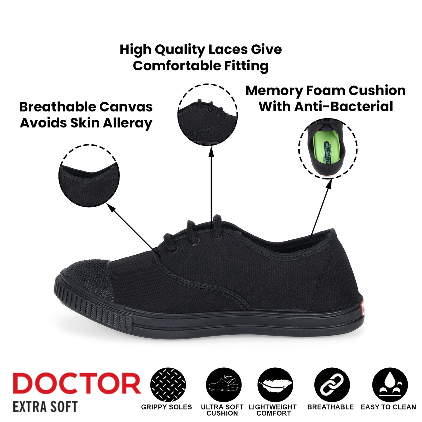 DOCTOR EXTRA SOFT D-3004 Uniform Tennis Canvas School Shoes with Laces Black & White for Boys & Girls | Memory Foam Cushion & Anti-Bacterial Technology| Lightweight | Comfortable| Durable & Anti-Skid