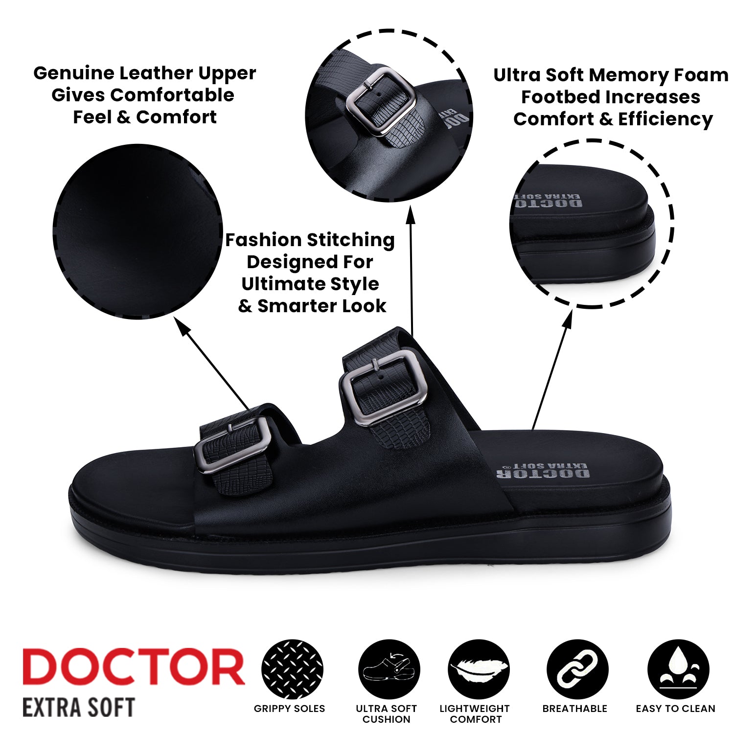 DOCTOR EXTRA SOFT Men's Classic Casual Original Leather Thong Black/Brown Sandals/Chappals with Memory Foam Cushion| Stylish & Non-Slip|Comfortable & Lightweight |Flip flops Slippers Gents & Boys F-7