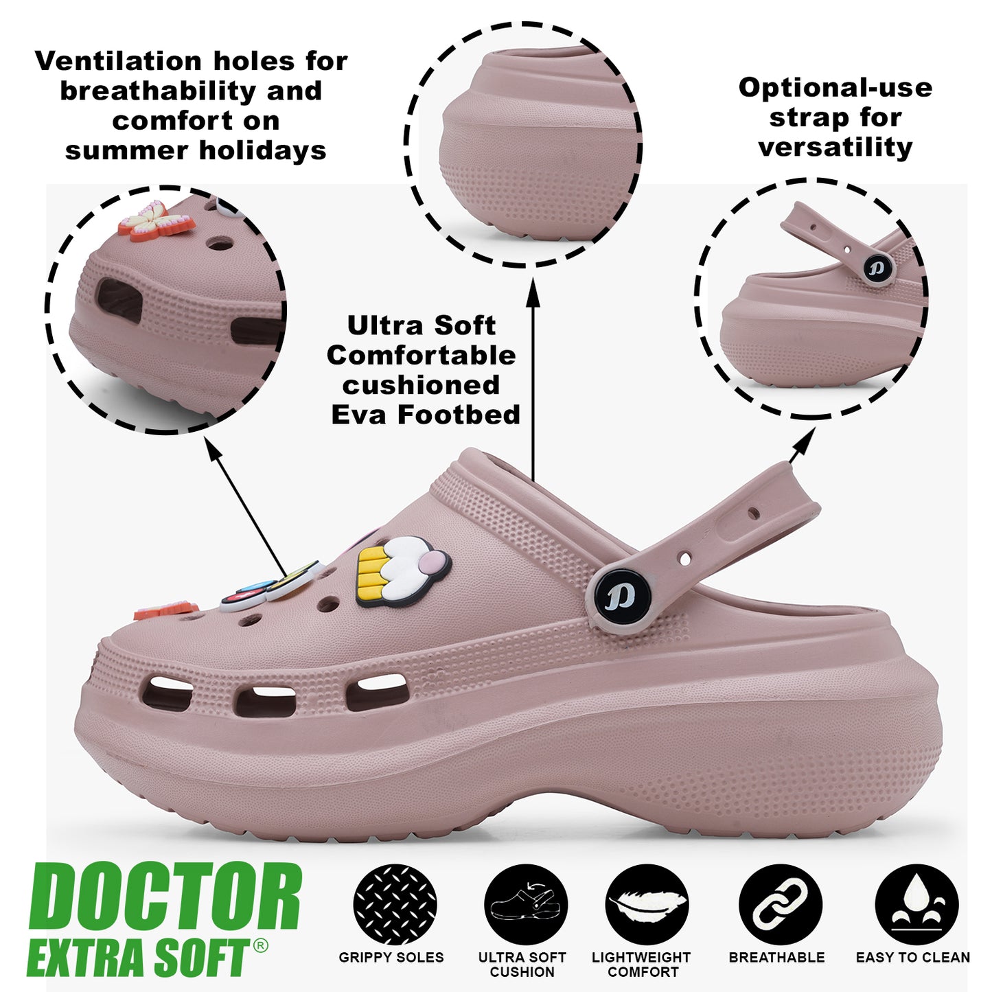 DOCTOR EXTRA SOFT D-538 Women's Premium Extra Comfortable Clogs/Sandals with Cute Charms & Adjustable Back Strap for Adult| Lightweight Stylish & Anti-Skid| Waterproof Everyday Use Mules Girls/Ladies