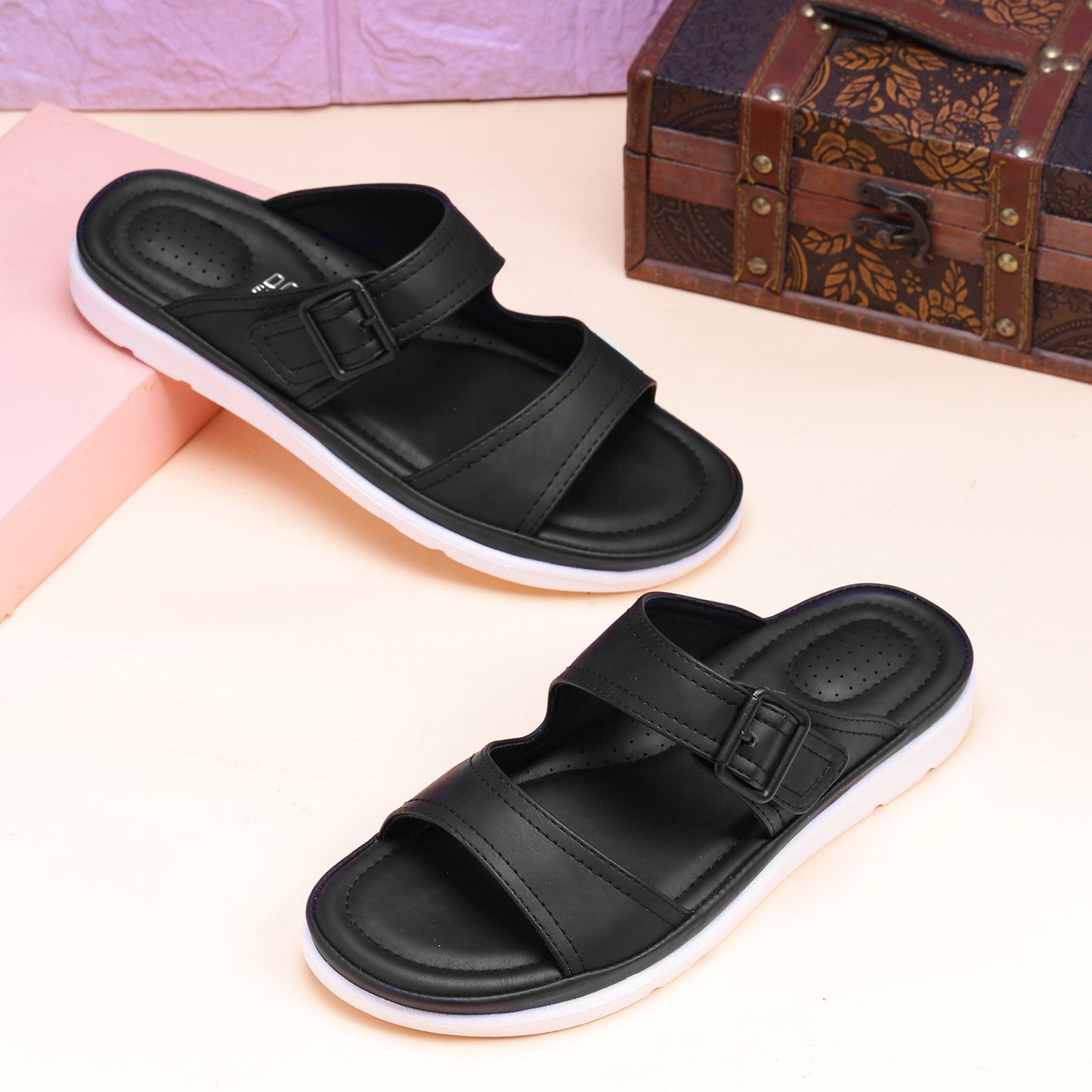 DOCTOR EXTRA SOFT D-631 Womens Flat Memory Foam Slippers/Flip-Flops Fashion Stylish Casual Comfortable Diabetic Orthopedic Lightweight Synthetic Slip-on Sandals with Adjustable Buckle for Girls/Ladies