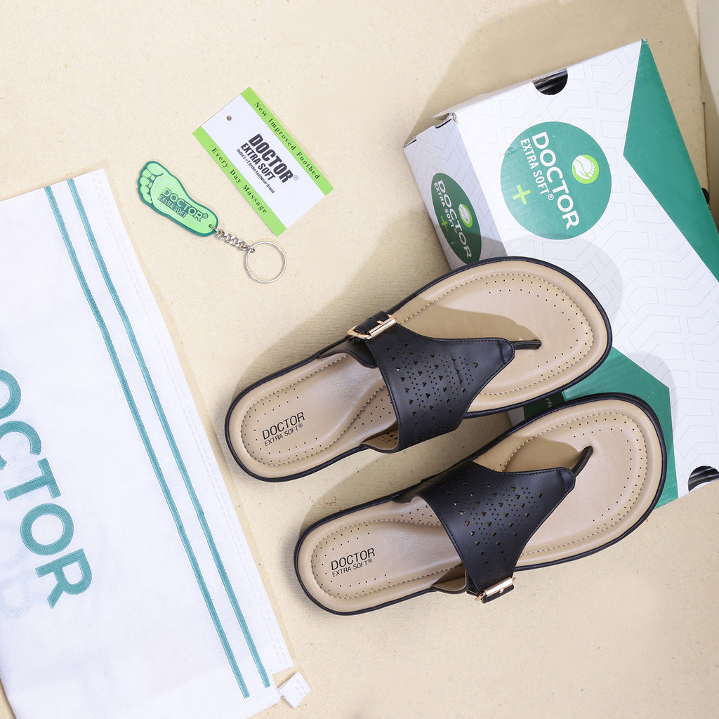 DOCTOR EXTRA SOFT 609 Women's Flat Memory Foam Slippers/Flip-Flops Fashion Stylish Casual Comfortable Diabetic Orthopedic Lightweight Synthetic Slip-on Sandals with Adjustable Buckle for Girls/Ladies