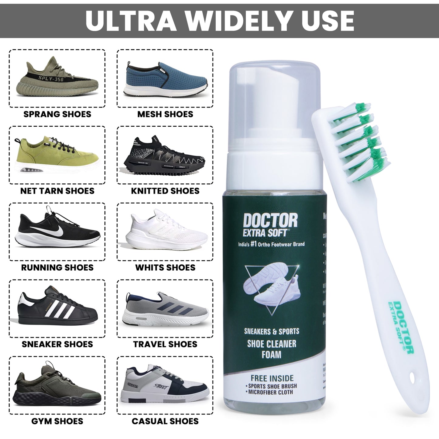 DOCTOR EXTRA SOFT Sports & Sneaker Care Kit | It Includes 150 ml Cleaner, Brush & MicroFiber Cloth| Shoe Foam Quickly Remove Dirt & Stains Shoes Like White/Canvas/Tennis/Trainers/Nubuck/Suede/Loafers D-922