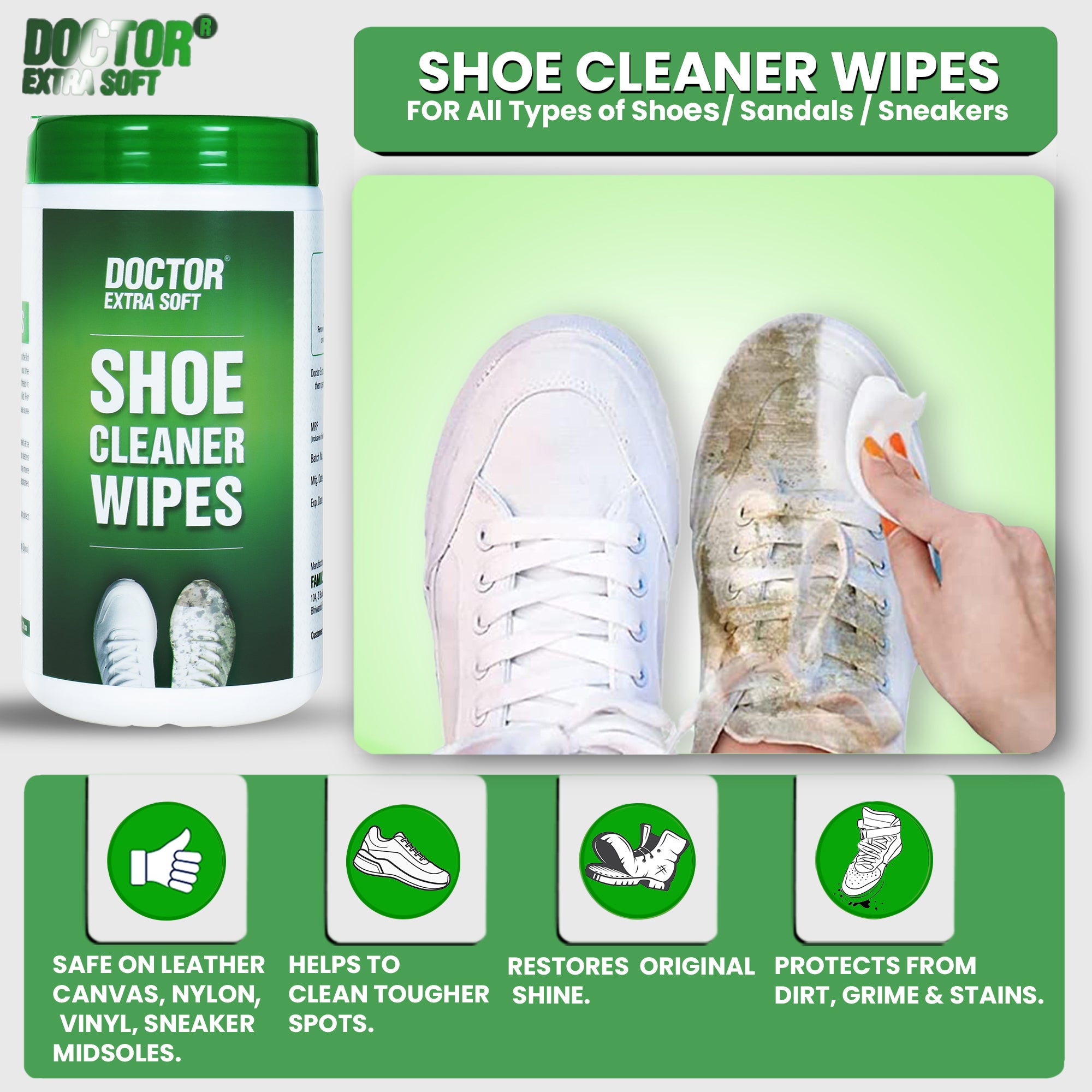 Doctor Extra Soft D-921 Shoe Cleaner Wet Wipes For Shoes/Loafers/Sandals/Slippers/Athletic Shoes/Sneakers/White Shoes/Tennis Shoes/Scrub Off Dirt/Mud/Grass Stains - 50 Wipes (Ready to Use)