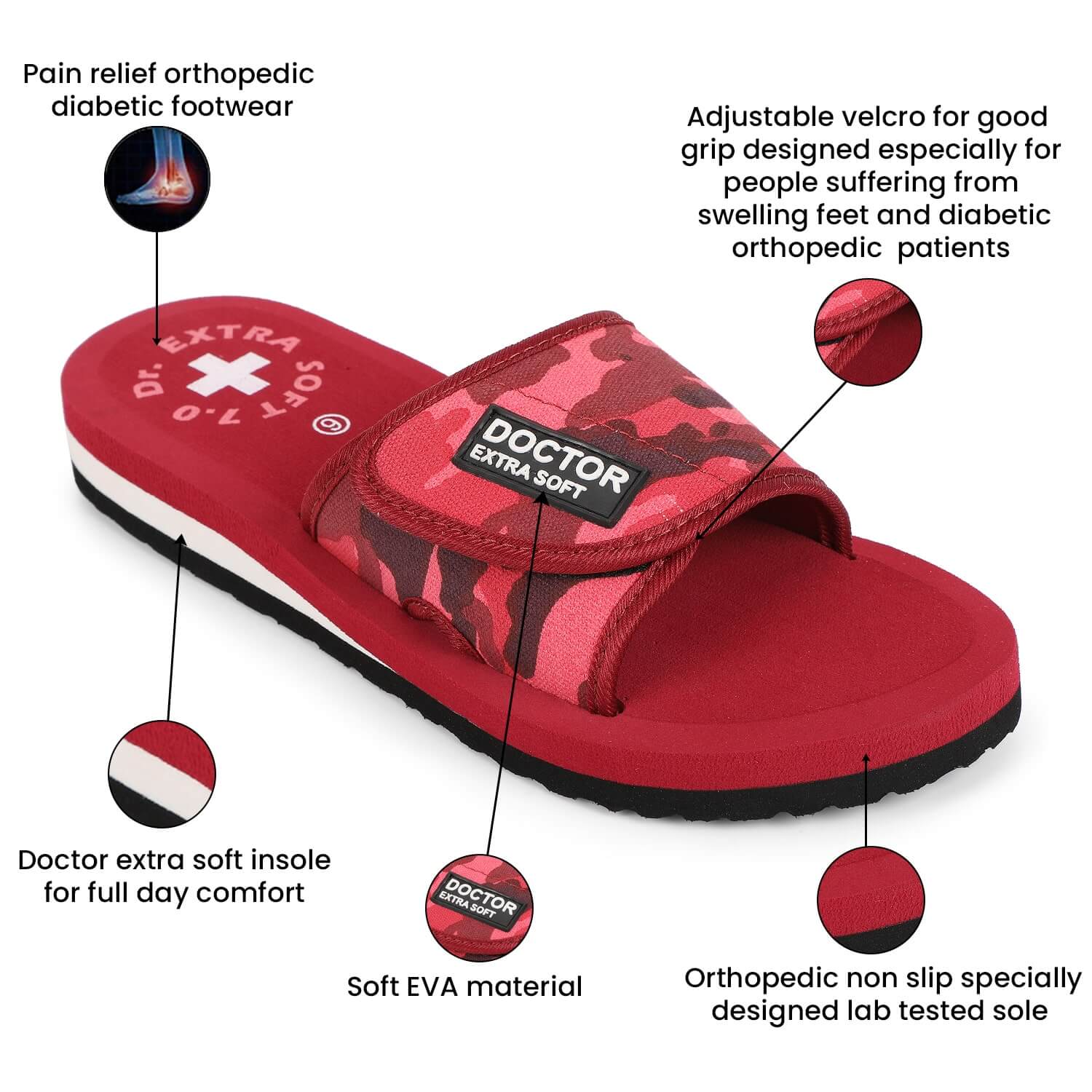 DOCTOR EXTRA SOFT D-54 Women's Camo Slippers Comfortable For Pregnancy Swelling With Adjustable Velcro Straps Camouflaged Sliders