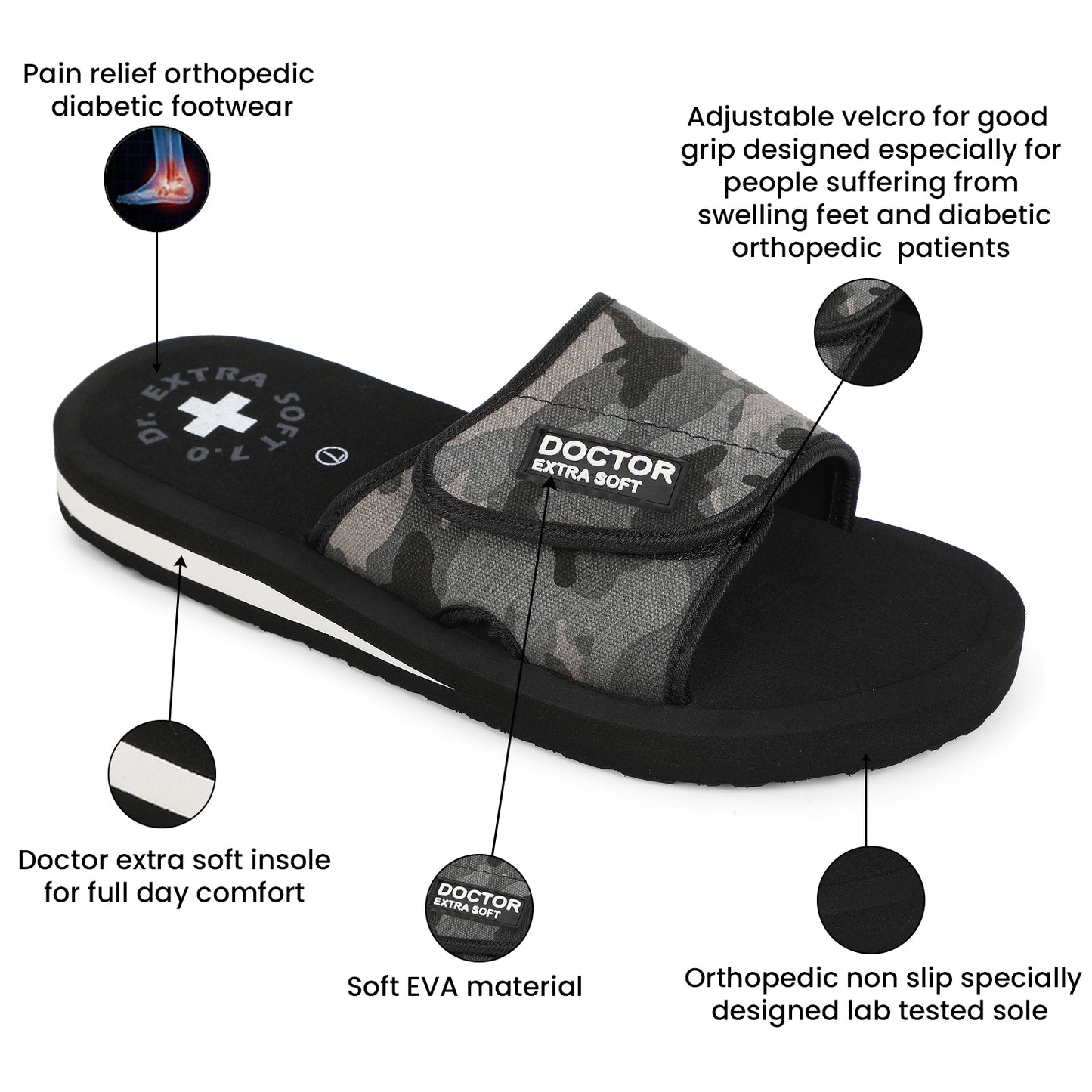 DOCTOR EXTRA SOFT D-53 Camo Ortho Care  Adjustable Strap Super Comfort Dr.Sliders Flipflops & Camouflaged House Slippers for Men’s and Boy’s Slides